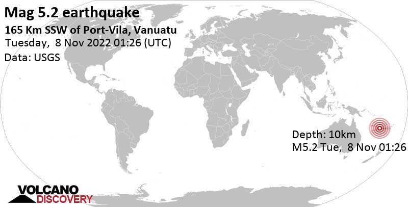 5.2 quake Coral Sea, 166 km southwest of Port Vila, Shefa Province, Vanuatu, Nov 8, 2022 12:26 pm (GMT +11)