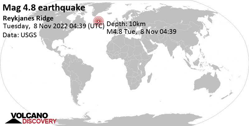 4.8 quake North Atlantic Ocean Nov 8, 2022 2:39 am (GMT -2)
