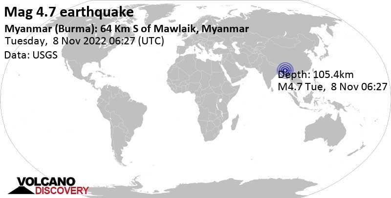 4.7 quake 66 km south of Mawlaik, Sagaing Region, Myanmar (Burma), Nov 8, 2022 12:57 pm (GMT +6:30)
