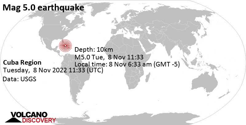 5.0 quake North Atlantic Ocean, 59 km north of Puerto Padre, Las Tunas, Cuba, Nov 8, 2022 6:33 am (GMT -5)