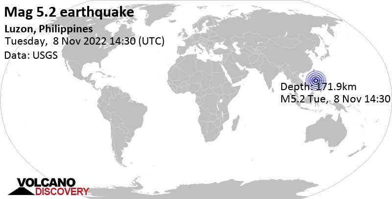 Умеренное землетрясение маг. 5.2 - 9.6 km к западу от Gapan, Филиппины, Вторник,  8 ноя 2022 22:30 (GMT +8)