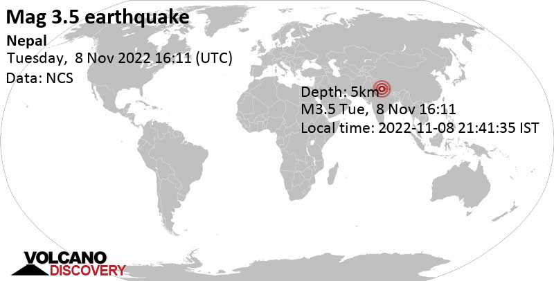 3.5 quake 23 km south of Dharchula, Darchula, Sudurpashchim Pradesh, Nepal, Nov 8, 2022 9:56 pm (GMT +5:45)