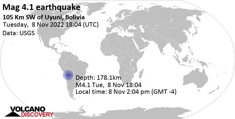 Light mag. 4.1 earthquake - 254 km southwest of Ciudad Potosi, Departamento de Potosi, Bolivia, on Tuesday, Nov 8, 2022 at 2:04 pm (GMT -4)