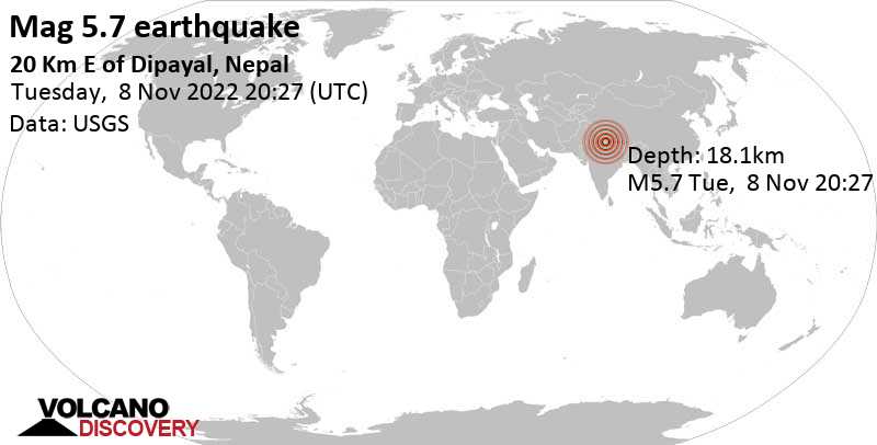 5.6 quake 22 km east of Dipayal, Doti, Sudurpashchim Pradesh, Nepal, Nov 9, 2022 1:57 am (GMT +5:30)