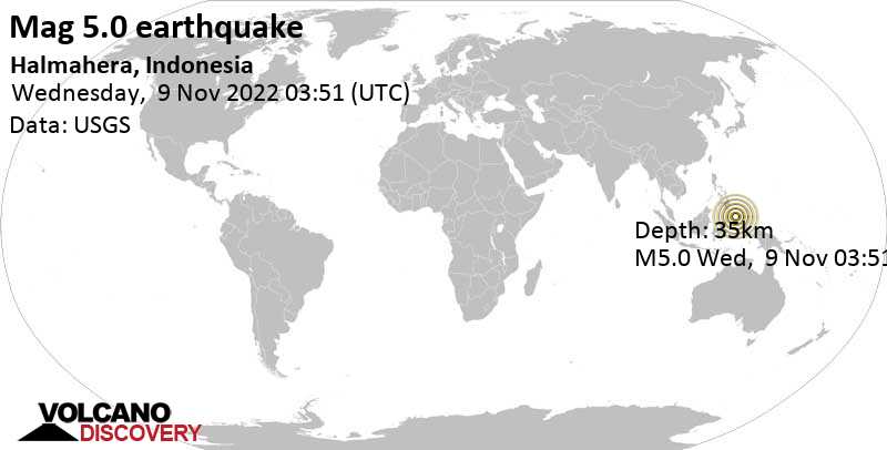 5.0 quake Philippine Sea, 271 km northeast of Ternate, North Maluku, Indonesia, Nov 9, 2022 12:51 pm (GMT +9)
