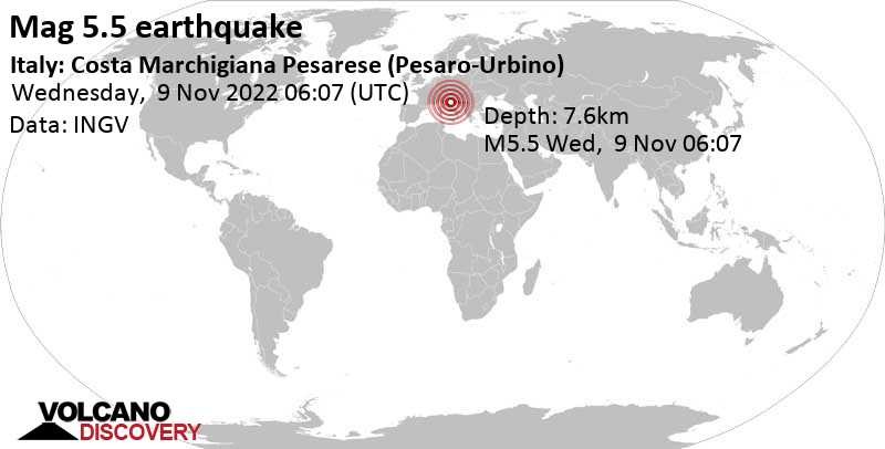 5.5 quake Adriatic Sea, 49 km north of Ancona, The Marches, Italy, Nov 9, 2022 7:07 am (GMT +1)