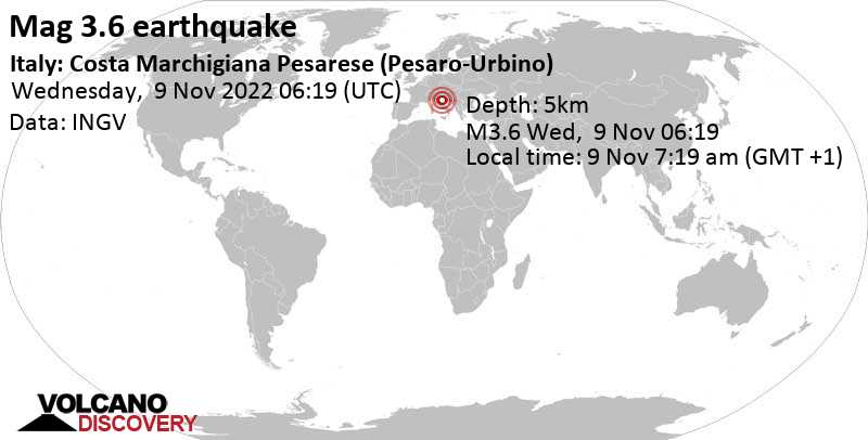 3.6 quake Adriatic Sea, 47 km northeast of Pesaro, The Marches, Italy, Nov 9, 2022 7:19 am (GMT +1)