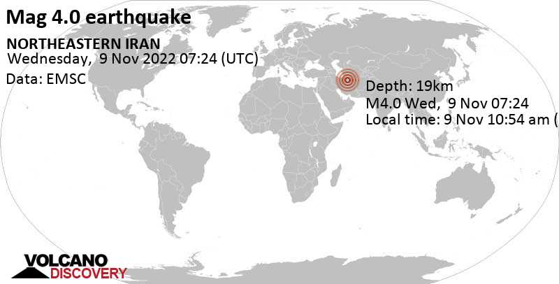 Leichtes Erdbeben der Stärke 4.0 - Semnan, 162 km südwestlich von Sabzevar, Razavi-Chorasan, Iran, am Mittwoch,  9. Nov 2022 um 10:54 Lokalzeit
