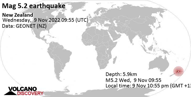 Μέγεθος 5.2 - 86 km βόρεια από Gisborne, Νέα Ζηλανδία, Τετ,  9 Νοε 2022 22:55 (GMT +13)