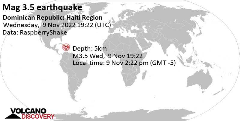 Terremoto leve mag. 3.5 - Caribbean Sea, Dominican Republic, 83 km SE of Jacmel, Sud-Est, Haiti, miércoles,  9 nov 2022 14:22 (GMT -5)