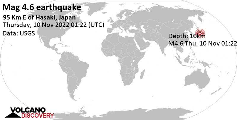 4.6 quake North Pacific Ocean, 99 km east of Hasaki, Chōshi-shi, Chiba, Japan, Nov 10, 2022 10:22 am (GMT +9)