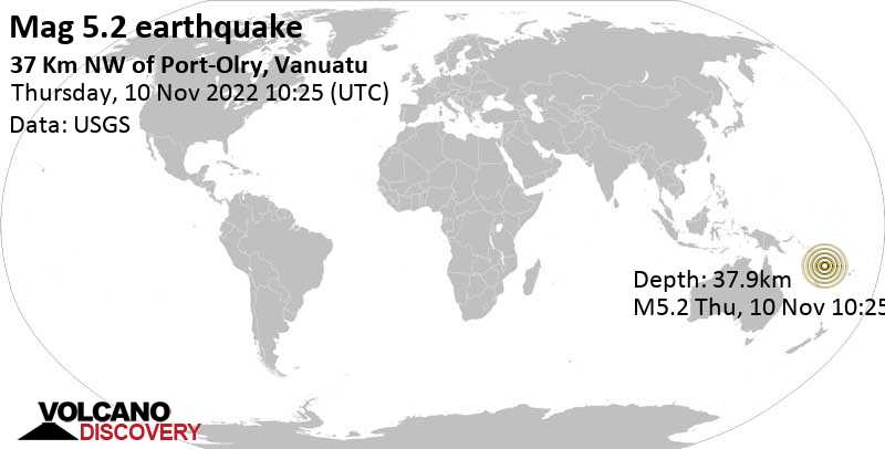 5.2 quake Coral Sea, 89 km northwest of Santo, Luganville, Sanma Province, Vanuatu, Nov 10, 2022 9:25 pm (GMT +11)