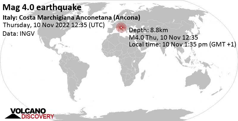 4.0 quake Adriatic Sea, 40 km north of Ancona, The Marches, Italy, Nov 10, 2022 1:35 pm (GMT +1)