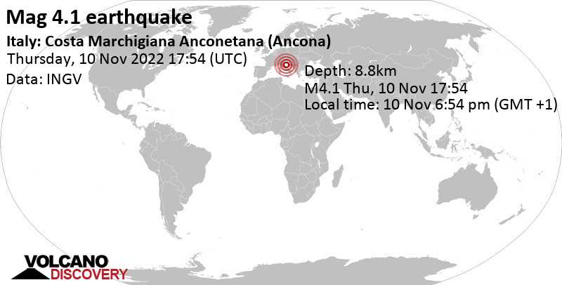 4.1 quake Adriatic Sea, 41 km north of Ancona, The Marches, Italy, Nov 10, 2022 6:54 pm (GMT +1)