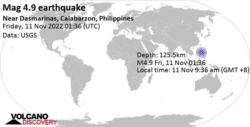 4.9 quake 13 km west of Calaca, Batangas, Calabarzon, Philippines, Nov 11, 2022 9:36 am (GMT +8)
