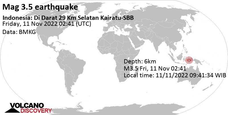 Μέγεθος 3.5 - Ambon, 15 km βορειοανατολικά από Ambon City, Ινδονησία, Παρ, 11 Νοε 2022 11:41 (GMT +9)