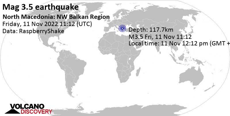 Sehr schwaches Beben Stärke 3.5 - 3.9 km nordöstlich von Gevgelija, Nordmazedonien, am Freitag, 11. Nov 2022 um 12:12 Lokalzeit