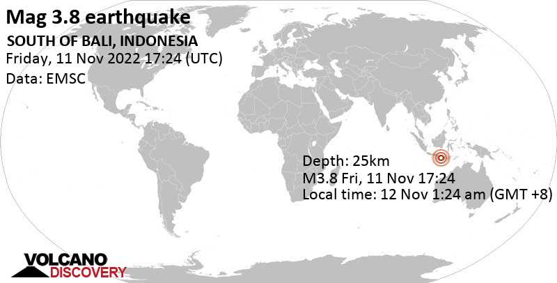 3.8 quake Indian Ocean, 87 km south of Denpasar, Bali, Indonesia, Nov 12, 2022 1:24 am (GMT +8)