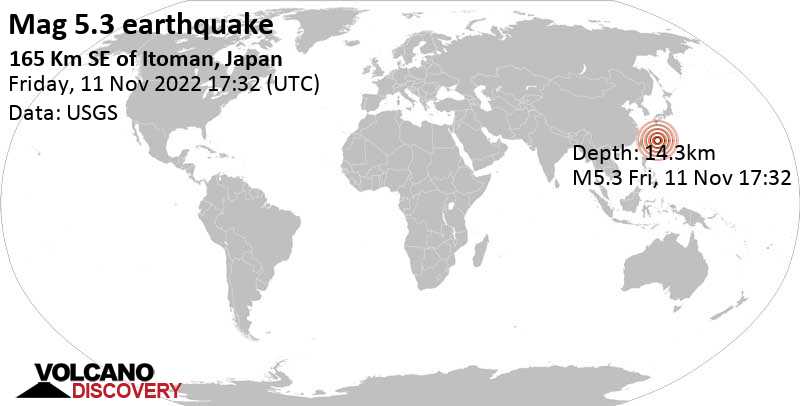 5.3 quake Philippine Sea, 175 km southeast of Naha, Okinawa, Japan, Nov 12, 2022 2:32 am (GMT +9)