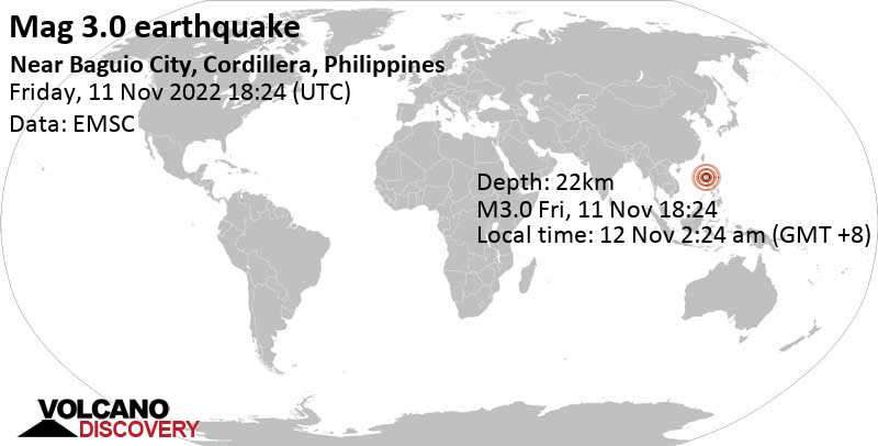 3.0 quake 0.8 km northeast of Baguio City, Province of Benguet, Cordillera, Philippines, Nov 12, 2022 2:24 am (GMT +8)