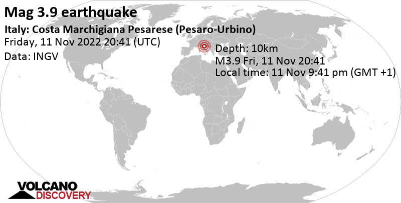 3.9 quake Adriatic Sea, 42 km northwest of Ancona, The Marches, Italy, Nov 11, 2022 9:41 pm (GMT +1)