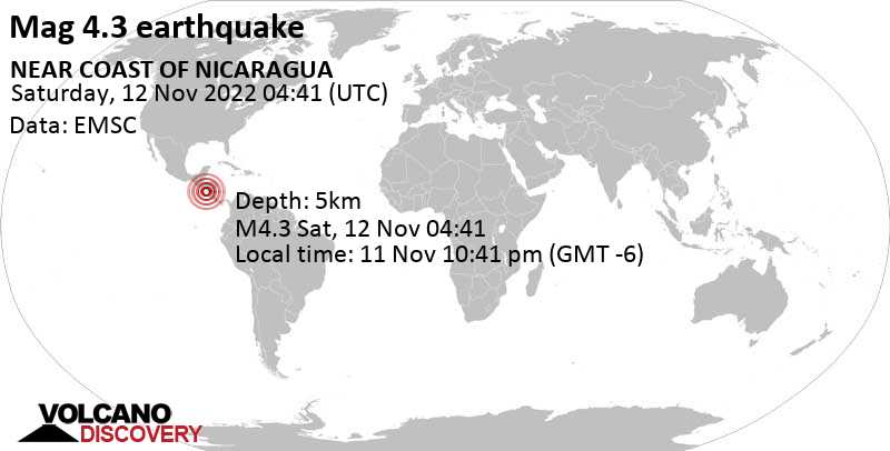 4.3 quake North Pacific Ocean, 66 km southwest of Leon, Nicaragua, Nov 11, 2022 10:41 pm (GMT -6)
