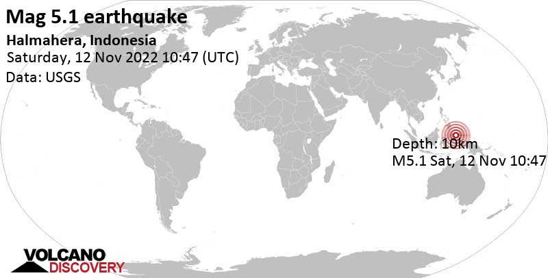 Μέγεθος 5.0 - North Pacific Ocean, 263 km βορειοανατολικά από Ternate, Ινδονησία, Σάβ, 12 Νοε 2022 19:47 (GMT +9)