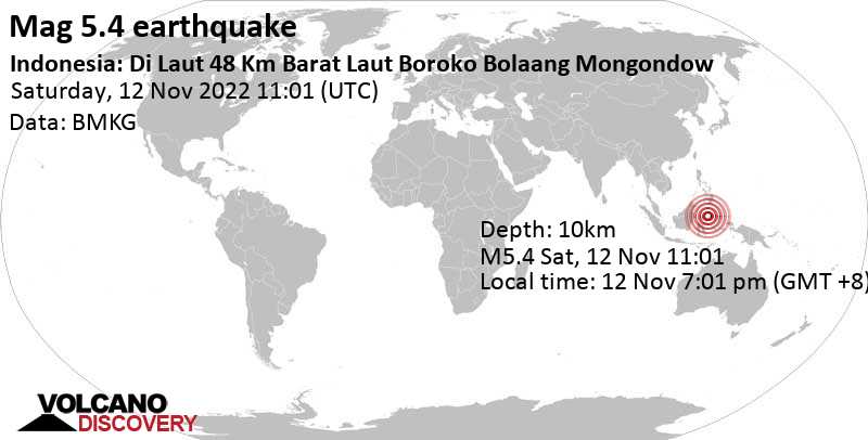 5.4 quake Celebes Sea, 93 km north of Gorontalo, Indonesia, Nov 12, 2022 7:01 pm (GMT +8)