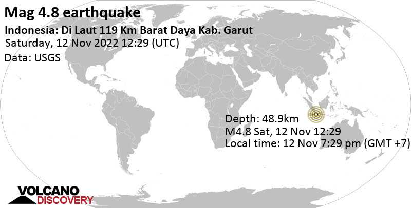 Μέγεθος 4.8 - Indian Ocean, 98 km νότια από Banjar, West Java, Ινδονησία, Σάβ, 12 Νοε 2022 19:29 (GMT +7)