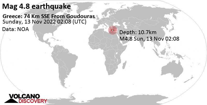 4.8 quake Eastern Mediterranean, 94 km southeast of Ierapetra, Lasithi, Crete, Greece, Nov 13, 2022 4:08 am (GMT +2)
