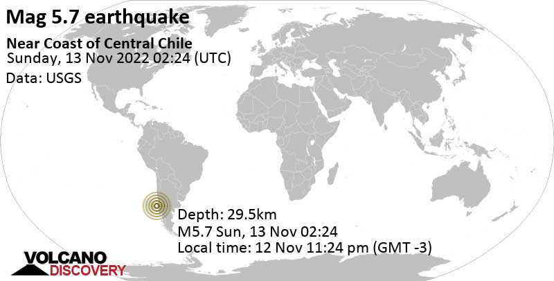 5.7 quake South Pacific Ocean, 12 km northwest of Lebu, Provincia de Arauco, Region del Biobio, Chile, Nov 12, 2022 11:24 pm (GMT -3)