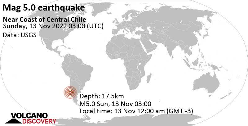 5.0 quake South Pacific Ocean, 21 km northwest of Lebu, Provincia de Arauco, Region del Biobio, Chile, Nov 13, 2022 12:00 am (GMT -3)