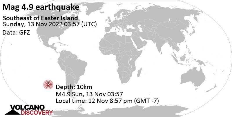 4.9 quake South Pacific Ocean Nov 12, 2022 8:57 pm (GMT -7)