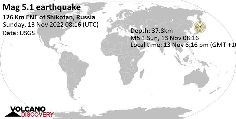 5.1 quake North Pacific Ocean, 192 km east of Yuzhno-Kurilsk, Sakhalin Oblast, Russia, Nov 13, 2022 6:16 pm (GMT +10)