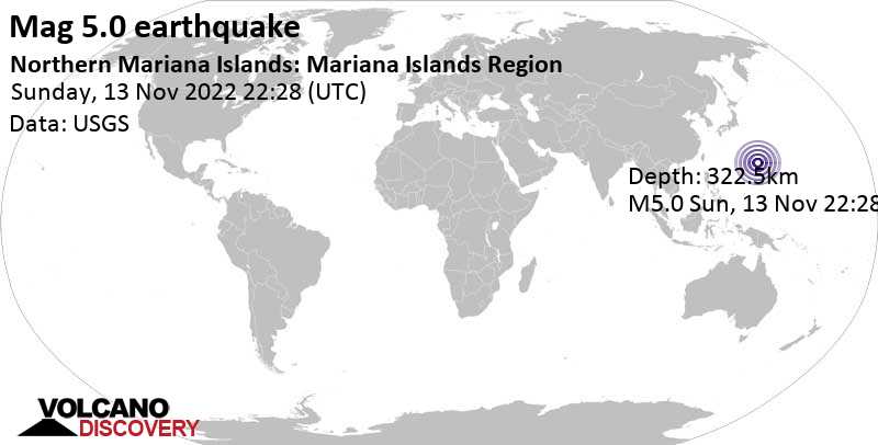 5.0 quake Philippine Sea, Northern Mariana Islands, Nov 14, 2022 8:28 am (GMT +10)