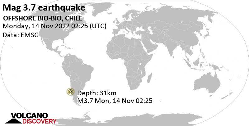 3.7 quake South Pacific Ocean, 41 km northwest of Talcahuano, Provincia de Concepcion, Region del Biobio, Chile, Nov 13, 2022 9:25 pm (GMT -5)