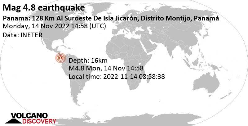 4.8 quake North Pacific Ocean, 258 km southwest of Santiago, Provincia de Veraguas, Panama, Nov 14, 2022 8:58 am (GMT -6)