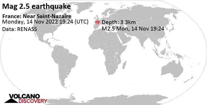 Weak mag. 2.5 earthquake - 29 km west of Île d\'Yeu Island, Vendee, Pays de la Loire, France, on Monday, Nov 14, 2022 at 8:24 pm (GMT +1)