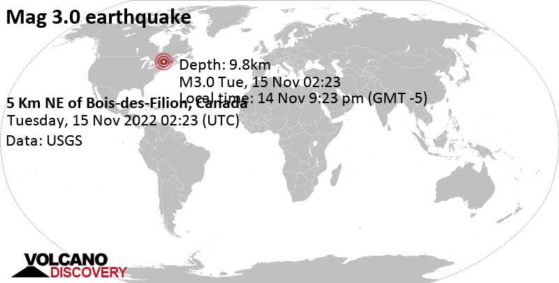3.0 quake 5.1 km west of Terrebonne, Lanaudière, Quebec, Canada, Nov 14, 2022 9:23 pm (GMT -5)