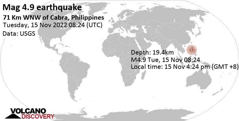 4.9 quake South China Sea, 179 km west of Manila, Philippines, Nov 15, 2022 4:24 pm (GMT +8)