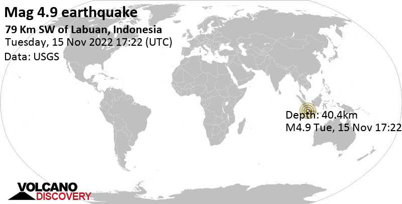 4.9 quake Indian Ocean, 80 km southwest of Labuan, Kabupaten Pandeglang, Banten, Indonesia, Nov 16, 2022 12:22 am (GMT +7)