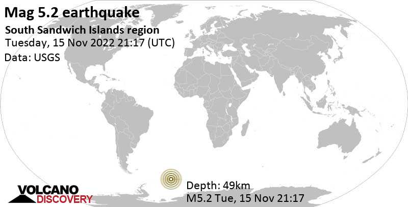 Μέγεθος 5.2 - South Atlantic Ocean, Νήσοι Νότια Γεωργία και Νότιες Σάντουιτς, Τρί, 15 Νοε 2022 19:17 (GMT -2)