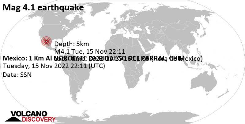 4.1 quake 0.4 km west of Parral, Chihuahua, Mexico, Nov 15, 2022 3:11 pm (GMT -7)