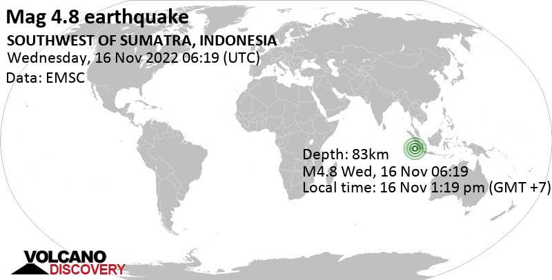 4.8 quake Indian Ocean, 236 km southwest of Benkulu, Bengkulu, Indonesia, Nov 16, 2022 1:19 pm (GMT +7)