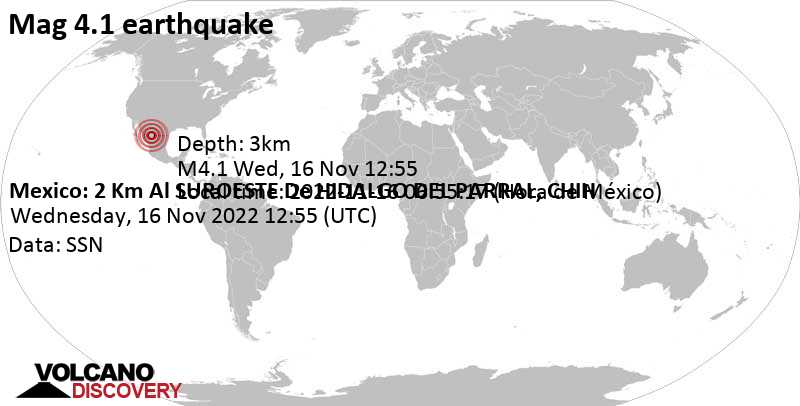 4.1 quake 1.2 km south of Parral, Chihuahua, Mexico, Nov 16, 2022 5:55 am (GMT -7)