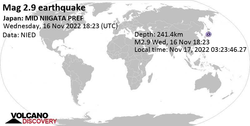 Minor mag. 2.9 earthquake - 17 km southwest of Shiozawa, Minamiuonuma Shi, Niigata, Japan, on Thursday, Nov 17, 2022 at 3:23 am (GMT +9)