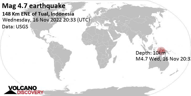4.8 quake Aru Sea, 148 km northeast of Tual, Maluku, Indonesia, Nov 17, 2022 5:33 am (GMT +9)