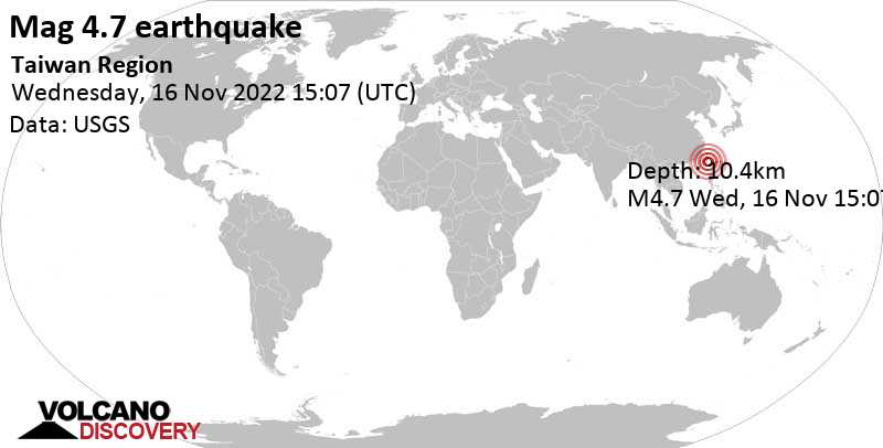 Μέγεθος 4.7 - Philippine Sea, 40 km νότια από Taitung City, Ταϊβάν, Τετ, 16 Νοε 2022 23:07 (GMT +8)