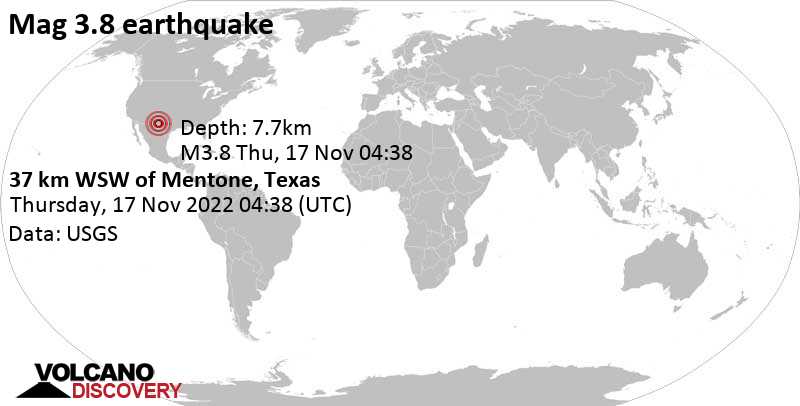3.8 quake Texas, 56 mi south of Carlsbad, Eddy County, New Mexico, USA, Nov 16, 2022 10:38 pm (GMT -6)