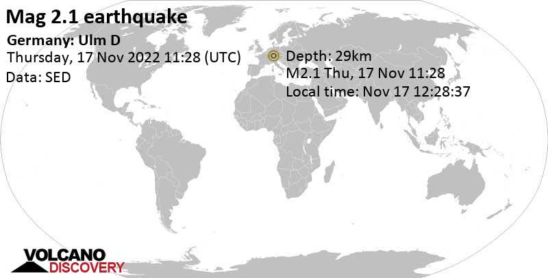 2.1 quake 4.3 km southwest of Ehingen an der Donau, Tuebingen, Baden-Württemberg, Germany, Nov 17, 2022 12:28 pm (GMT +1)